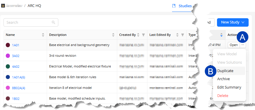 Table displaying studies with options to open, duplicate, archive, and delete entries.
